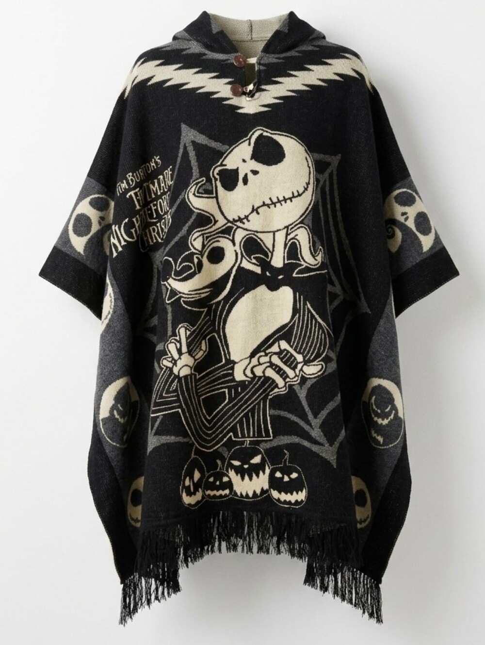 Nightmare Before Christmas Jack Skellington Wool Hooded Poncho in Black & Cream